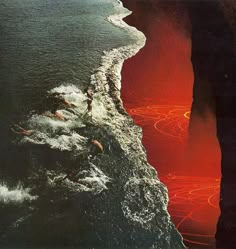 two people swimming in the ocean next to a red cliff and beach with waves crashing on it