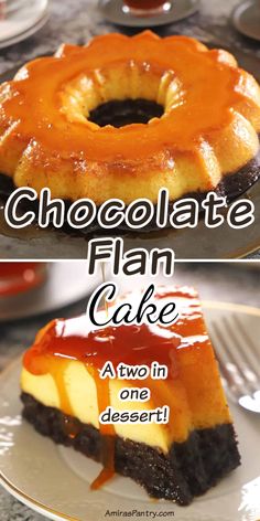 two different views of a chocolate flan cake