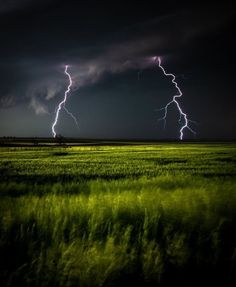 two lightning strikes in the sky over a green field