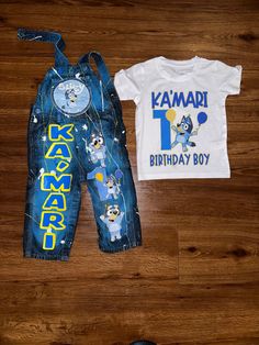 Outfits can be personalized to the way you want. Please add your child name and age Bluey Birthday Outfit Boy, Bluey 1st Birthday Boy, Boy Birthday Outfit, Kid Birthday Outfits, Boys Birthday Outfits, Cake Kids, Painted Clothing, Birthday Outfits, Boys Birthday