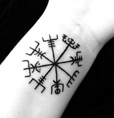 a person with a tattoo on their wrist that has multiple symbols in the middle of it