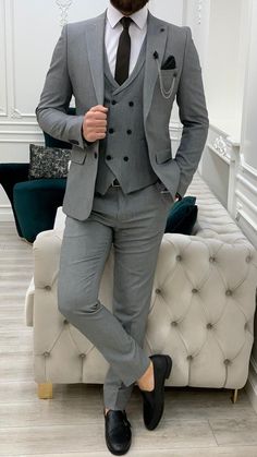 Collection: Autumn – Winter 2021/22  Product: Slim-Fit Three Piece Suit  Color Code: Gray  Size: EU46/US36 S | EU48/US38 S | EU50/US40 S | EU52/US42 S | EU54/US44 S | EU56/US46 S  Suit Material: 65% polyester, 32% Viscose, 3% Lycra  Drop: 6  Cutting: Italian  Cutting: Two Button, Double Slits  Machine Washable: No  Fitting: Slim-fit  Package Include: Jacket, Vest and Pants  Gifts: Chain, Pocket Square and Neck Tie Dark Gray 3 Piece Suit Men, 3 Piece Suit Men Wedding Indian, 3 Piece Suit Men Wedding, Three Piece Suit Wedding, Three Piece Suit Mens, Coat Pant For Men, 3 Piece Suit Men, Reception Suits, Brand Equity