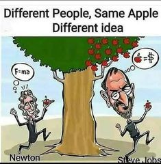 an apple tree with two people standing next to it and the words different people, same apple