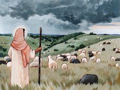 Watercolor Shepherd And Sheep, Shepherd And Sheep Painting, Shepherd And Sheep Drawing, The Good Shepherd Art, Jesus And Sheep, Shepherd Illustration, Church Mural, Shepherd Painting, Jesus The Good Shepherd