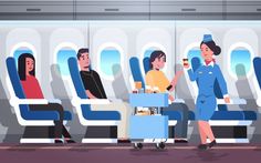 people sitting on an airplane with drinks and snacks in their hands, while one woman is standing next to the table