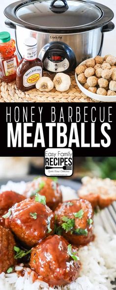 the recipe for honey barbecue meatballs is shown on top of rice and in front of an instant pressure cooker