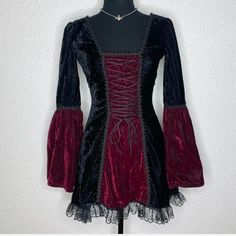 This Is A Jeannie Nitro Vintage Velvet Babydoll Mini Dress. This Dress Is Made Of A Thick High Quality Velvet And Features Large Bell Sleeves And Lace Trim Along The Bottom. This Dress Has The Vintage Paper Tag! Material Has No Stretch Whatsoever, So Keep That In Mind. Perfect For A Halloween Costume Of A Renaissance Princess Or Of A Witch! Or Just Generally Great For Whimsigoth Vibes! - Brand Is Jeannie Nitro - Size Xs - 30" Bust - 24" Waist - 27" Length From The Shoulder To The Bottom Hem - Ex Whimsigoth Clothes, Victorian Vampire, Oc Stuff, Gothic Y2k, Vampire Goth, Babydoll Mini Dress, Red Velvet Dress, Tripp Nyc, Velvet Lace