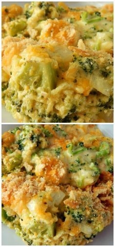 broccoli and cheese casserole is shown in two different pictures, one with the