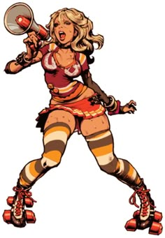 a drawing of a woman holding a megaphone in her right hand and wearing roller skates