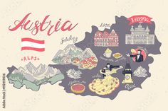 an illustrated map of the state of austria with all its landmarks and symbols in red