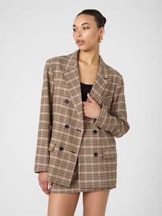 Gina Check Blazer Brown Checked Blazer Outfit, Checks Pattern, Finish Work, Check Blazer, Blazer Pink, Ladies Blazer, Dressy Blouse, Checked Blazer, Tailored Blazer