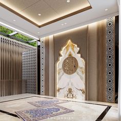 an elegantly decorated lobby with gold and white decor on the walls, along with marble flooring