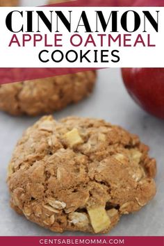 an apple oatmeal cookie with apples in the background and text overlay that reads, cinnamon apple oatmeal cookies