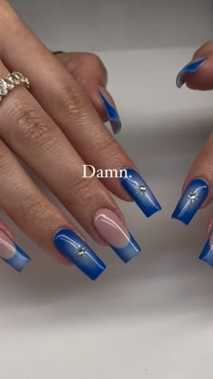 Short Blue Manicure, 111 Nails Design, Winter Nails French Tip Blue, Unique Coffin Nail Designs, Blue Nails With Rhinestones Bling, Two Different Hand Nails, Nail Inspo Square Medium Y2k, Gel Nail Designs Coffin Shape, Blue And Nude Nail Designs