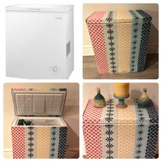 four pictures of an ice chest with different patterns on it and vases next to it