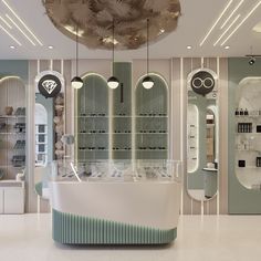 the interior of a beauty salon with mirrors and lights