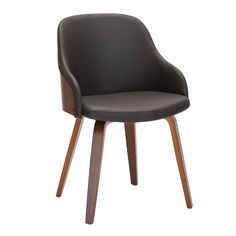 an upholstered chair with wooden legs and a black leather seat, viewed from the front