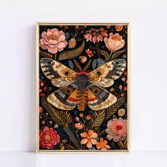 a painting with moths and flowers on it