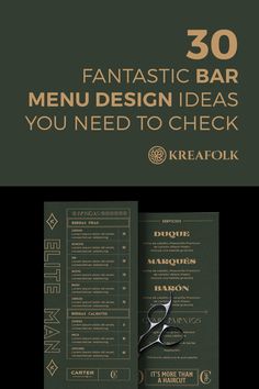 a menu with scissors on it and the words 50 fantastic bar menu design ideas you need to check