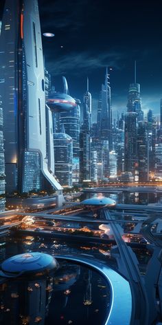 a futuristic city at night with skyscrapers lit up