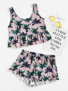 Shop Coconut Tree Print Frilled Tank And Shorts Pajama Set online. SheIn offers Coconut Tree Print Frilled Tank And Shorts Pajama Set & more to fit your fashionable needs. Shorts Pajama Set, Pajama Fashion, Coconut Tree, Cute Comfy Outfits, Short Pajama Set, Tree Print