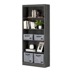 a bookcase with baskets and books on top of it, against a white background