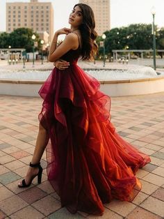 Pretty High Low Burgundy Long Prom, Wine Red High Low Formal, Fluffy B — Bridelily Prom Dress Ruffles, High Low Dress Formal, Burgundy Evening Dress, Dress Ruffles, High Low Prom Dresses, Spaghetti Strap Prom Dress, Burgundy Prom Dress, Red High, Tulle Prom Dress