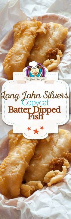 two pieces of food sitting on top of white wax paper with the words long john silvers over it