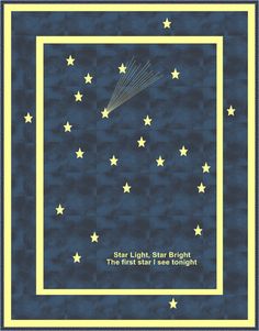 the night sky with stars on it and a yellow border around it, in blue