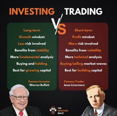 two men sitting at a table in front of a blackboard with the words investing vs trading