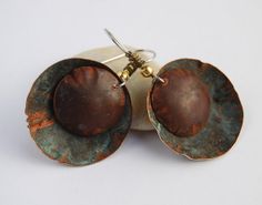 Copper Disc Earrings Oxidized discs darkened by LStellaJewelry, $21.00 Soldered Copper Earrings As A Gift, Unique Rust-colored Earrings With Ear Wire, Unique Rust Earrings With Ear Wire, Rust-colored Soldered Copper Earrings, Handmade Rust Metal Earrings, Handmade Rust-colored Metal Earrings, Brown Electroformed Brass Earrings, Bronze Electroformed Drop Earrings, Electroformed Round Metal Earrings