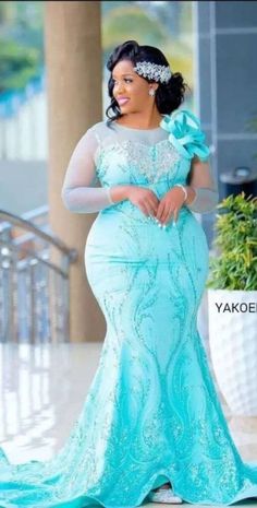 Lace Gown Styles For Women, Asoebi Lace Gown, Mermaid Dress Design, Plus Size Mermaid Dress, Green Dress Prom, Gown Styles For Women, Sea Green Dress, Reception Wedding Dress, Asoebi Lace