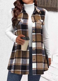 Color:Dark Camel;Size:S;Size:M;Size:L;Size:XL;Size:XXL;Package Contents:1 X Waistcoat; Plus Size Herbst, Flannel Vest, Plus Size Fall Outfit, Sleeveless Coat, Elegant Jacket, Plus Size Fall, Gilet Long, Plaid Vest, Fall Plaid