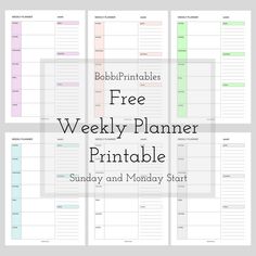 the free weekly planner printable is shown in four different colors, including pink and green