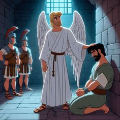 an animated scene with two men and one man dressed in roman clothing, sitting on the floor