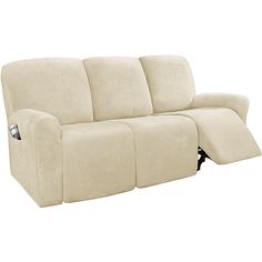 the reclining sofa is shown with no headrests and one arm rests down