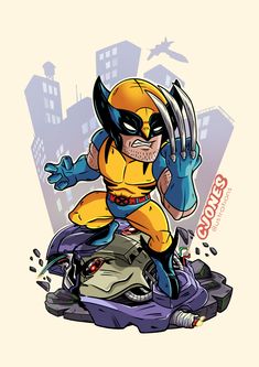 a cartoon wolverine character sitting on top of a pile of rubble