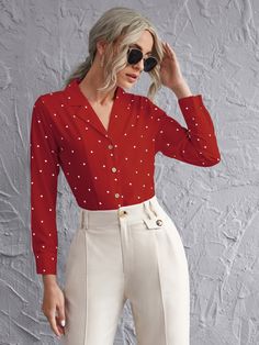 Polka Dot Button Front Blouse Hawes And Curtis, Dot Shirt, Red Fits, Polka Dot Shirt, Womens Tops Summer, Red Polka Dot, Bohemian Clothes, Trendy Fashion Women, Cute Woman