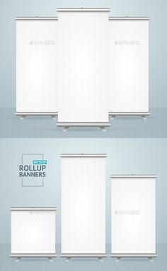 four white roll up banners with the text roll up banners on each side and below them