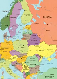 a large map of europe with all the major cities and their names in bright colors