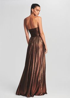 Brown Lamé Dress | Waldorf Dress | Retrofête – Retrofete Brown Gala Dress, Floor-length Ruched Strapless Evening Dress, Strapless Floor-length Dress With Ruched Bodice For Gala, Floor-length Strapless Dress With Ruched Bodice For Gala, Ruched Strapless Floor-length Dress For Prom, Ruched Strapless Floor-length Prom Dress, Glamorous Strapless Dress With Ruched Bodice For Gala, Glamorous Strapless Dress For Gala With Ruched Bodice, Metallic Strapless Evening Dress