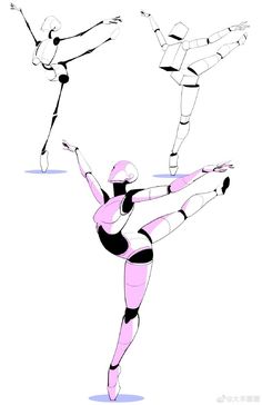 three different poses of a woman in pink and black leotards, one with her legs spread out