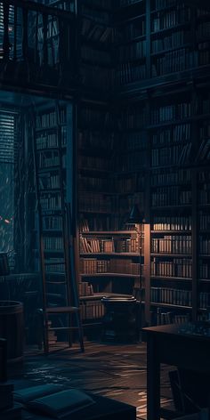 a dark room with lots of books on the shelves