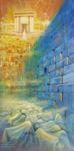 an abstract painting of the acrobatic temple and its surrounding walls with water