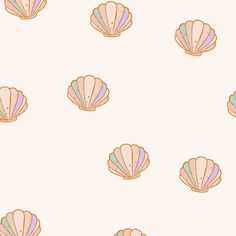 an image of seashells in pastel colors on a white background with pink, blue and green stripes