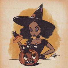 an illustration of a woman in a witches hat sitting next to a pumpkin