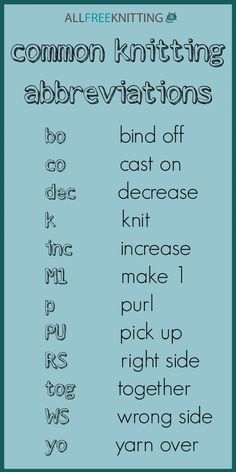 a poster with the words common knitting abbreviations in black and white on a blue background