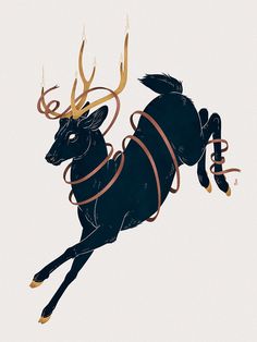 a black and gold reindeer is flying through the air with two horns on its back