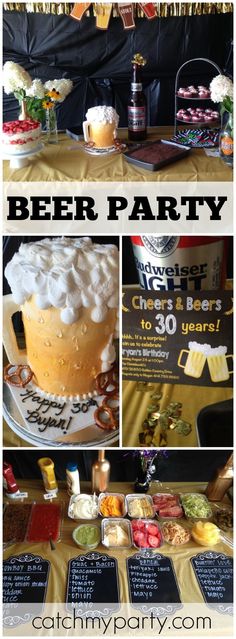 a collage of photos showing different types of beer party food and drinks on display