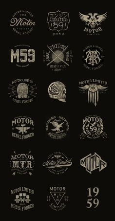 a bunch of different types of logos on a black background, all in gold and white